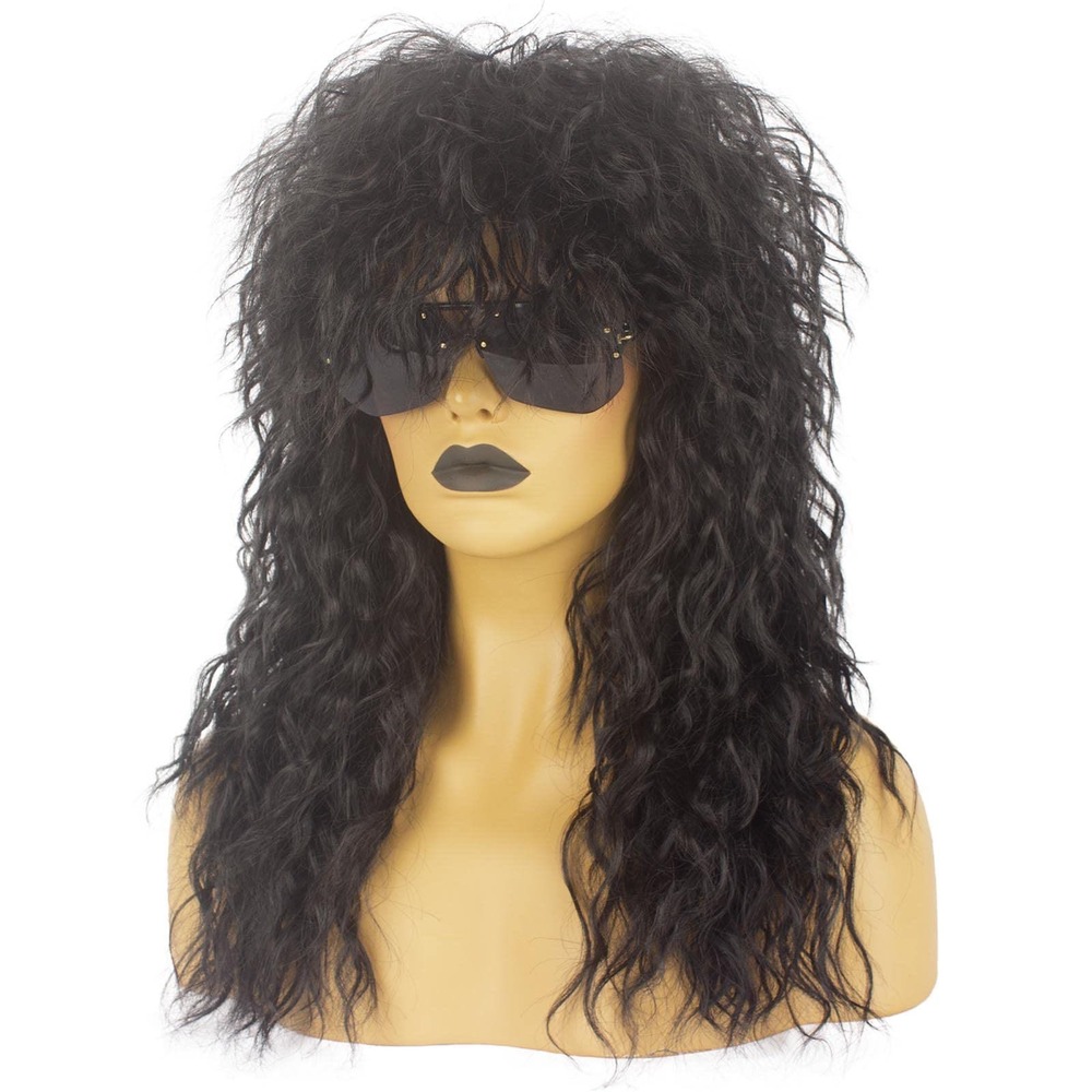 NWT Askuang 70s 80s Rocker Long Black Curly Mullet Costume Wig Unisex